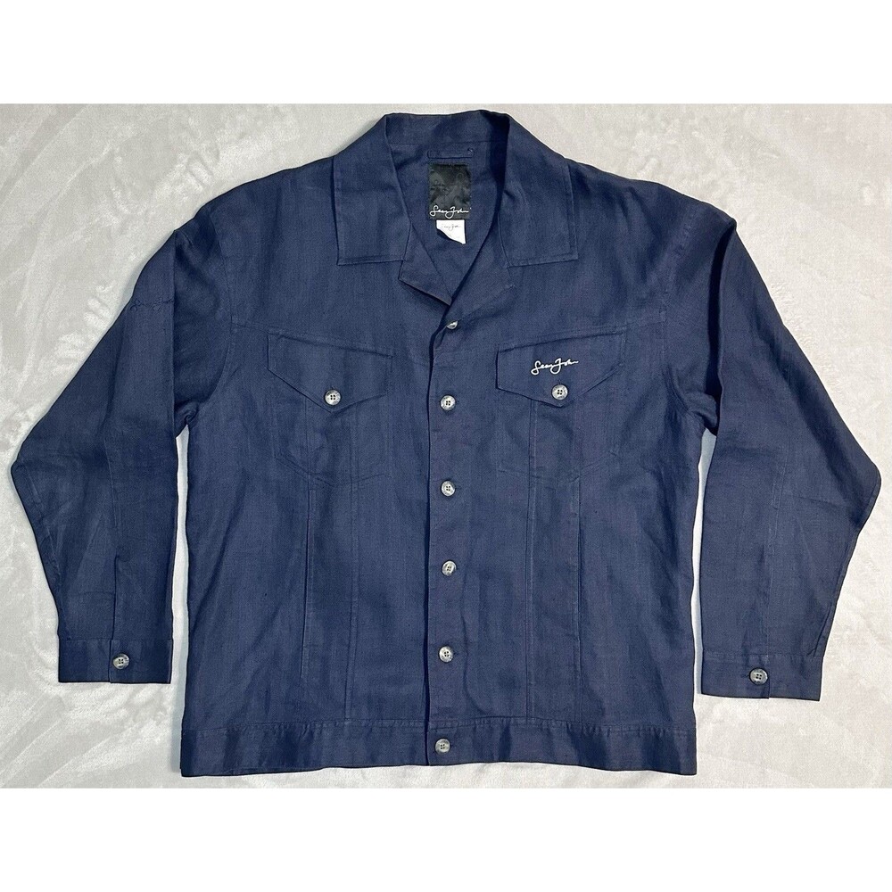 Sean John Men's L Navy Linen Utility Safari Button Up Long Sleeve Shirt 5 Pocket
